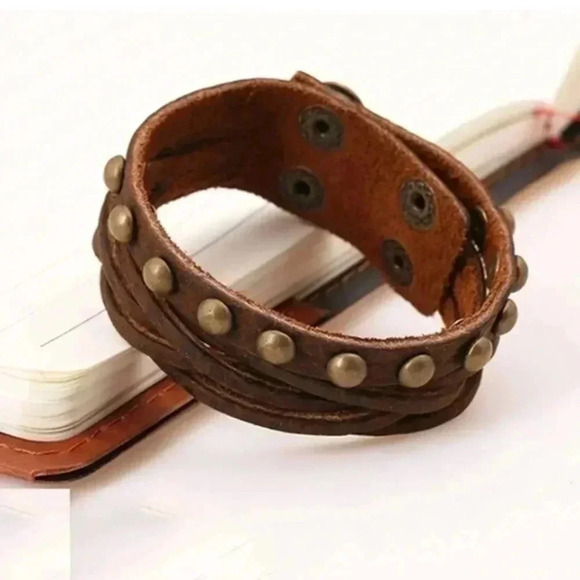 Handcrafted Leather Studded Celtic Viking Pirate Cuff Snap Brown Bracelet NWT - Picture 1 of 3